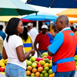 Caribbean Holidays, Solo Caribbean, Solo visitors chatting with locals at a colourful Caribbean food market, tropical fruit stalls and lively island atmosphere