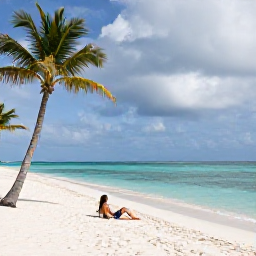 Caribbean Holidays, Solo Cayman Holidays, A lone traveller relaxing on the white sand of Seven Mile Beach, clear Caribbean water and palm trees under a partly cloudy sky