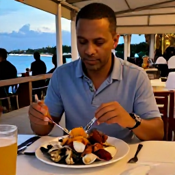 Caribbean Holidays, Solo Cayman Holidays, A solo diner enjoying fresh Caribbean seafood at an outdoor restaurant in Grand Cayman during early evening