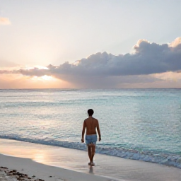 Caribbean Holidays, Solo Cayman Holidays, A solo traveller walking along Seven Mile Beach in Grand Cayman at sunrise, calm turquoise sea and soft morning light
