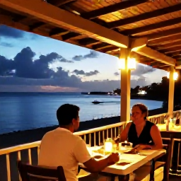 Caribbean Holidays, Solo Cura&ccedil;ao June, Friendly Cura&ccedil;ao evening scene with solo traveller dining at an outdoor restaurant near the waterfront, warm lights and Caribbean atmosphere