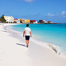 Caribbean Holidays, Solo Curacao March, A solo traveller walking along a bright white beach beside clear turquoise water in Curacao, with colourful buildings in the distance