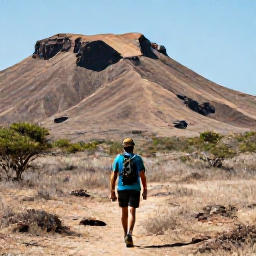 Caribbean Holidays, Solo Curacao March, Solo traveller hiking through dry tropical countryside in Christoffel National Park, Cura&ccedil;ao, with rugged hills in the background