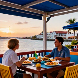 Caribbean Holidays, Solo Cura&ccedil;ao November, An inviting outdoor restaurant in Willemstad serving colourful Cura&ccedil;ao dishes to a solo diner at sunset