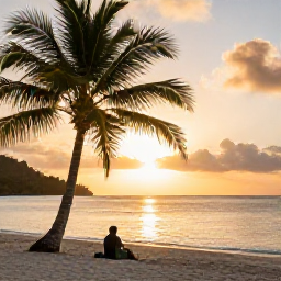 Caribbean Holidays, Solo December, A peaceful tropical beach in Saint Vincent and the Grenadines at sunset, with calm sea, palms and a solo traveller sitting nearby