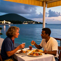 Caribbean Holidays, Solo December, A solo diner enjoying fresh Caribbean seafood at a waterside restaurant in Saint Vincent and the Grenadines during a warm December evening