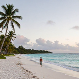 Caribbean Holidays, Solo December, A solo traveller walking along a quiet white-sand beach in Saint Vincent and the Grenadines at sunrise, turquoise sea and palm trees