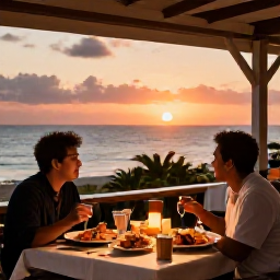 Caribbean Holidays, Solo December, An outdoor Caribbean restaurant serving fresh seafood at sunset, with a solo diner enjoying a relaxed December evening
