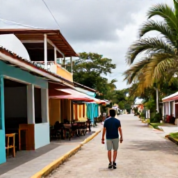 Caribbean Holidays, Solo December, Friendly solo traveller walking through a colourful Dominican Republic town street, local shops, caf&eacute;s and tropical greenery