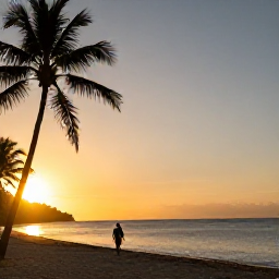 Caribbean Holidays, Solo December, Peaceful Saint Lucia beach at sunset with one solo traveller walking beside the sea, warm golden light and palm trees