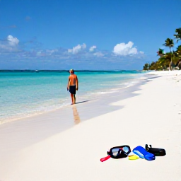 Caribbean Holidays, Solo December, Solo holidaymaker enjoying calm turquoise water at a Dominican Republic beach, soft sand, colourful snorkelling gear and palm trees