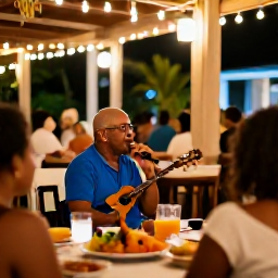 Caribbean Holidays, Solo December, Solo traveller enjoying a festive Dominican Republic evening with local music, warm lights, colourful food and a relaxed Caribbean atmosphere