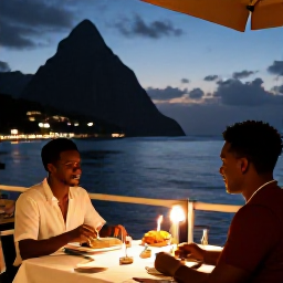 Caribbean Holidays, Solo December, Solo traveller enjoying a relaxed Creole dinner at a waterfront restaurant in Saint Lucia in the evening