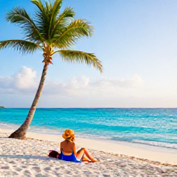 Caribbean Holidays, Solo December, Solo traveller relaxing on a bright Dominican Republic beach in December, turquoise sea, palm trees and gentle morning sunlight