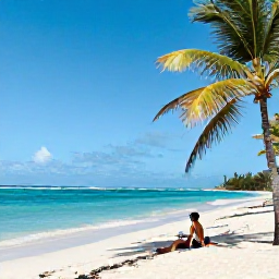Caribbean Holidays, Solo Dominican Holidays, Solo traveller relaxing on a quiet white-sand beach in Punta Cana, Dominican Republic, with turquoise sea and palm trees