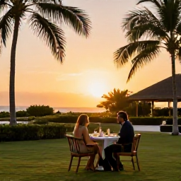 Caribbean Holidays, Solo Dominican Holidays, Welcoming Dominican Republic resort with solo traveller dining outdoors at sunset, tropical garden and warm evening light