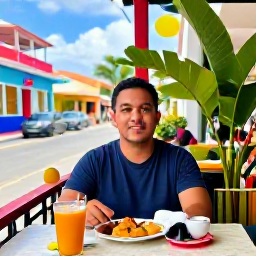 Caribbean Holidays, Solo Dominican January, Friendly solo traveller enjoying a quiet breakfast at an open-air Dominican Republic caf&eacute;, colourful streets and tropical plants