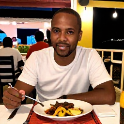 Caribbean Holidays, Solo Dominican January, Solo traveller dining at a relaxed Dominican restaurant in the evening, local food, warm lighting and friendly Caribbean setting