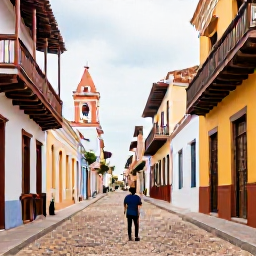 Caribbean Holidays, Solo Dominican January, Solo traveller exploring colourful colonial buildings and cobbled streets in Santo Domingo, Dominican Republic, daytime travel scene