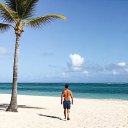 Caribbean Holidays, Solo Dominican January, Solo traveller walking along a sunny Caribbean beach in the Dominican Republic in January, palm trees, turquoise sea and relaxed atmosphere