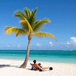 Caribbean Holidays, Solo Dominican January, White sand beach and clear turquoise water at Bavaro Beach, Dominican Republic, with a solo sunbather under a palm tree