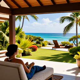 Caribbean Holidays, Solo Holidays, A comfortable solo traveller relaxing at an Antigua hotel terrace overlooking tropical gardens and the Caribbean Sea