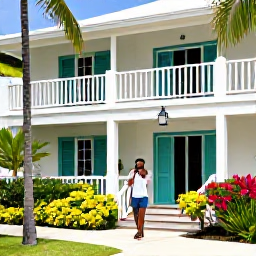 Caribbean Holidays, Solo Holidays, A friendly solo traveller checking into a bright boutique hotel near Grace Bay, with palm trees and tropical gardens