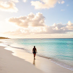 Caribbean Holidays, Solo Holidays, A lone traveller walking along the turquoise shoreline of Grace Bay Beach at sunrise in April