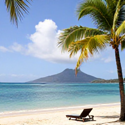 Caribbean Holidays, Solo Holidays, A peaceful palm-fringed beach on Nevis with calm turquoise water, a lone sun lounger and mountains beyond