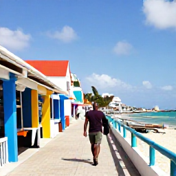 Caribbean Holidays, Solo Holidays, A relaxed solo traveller walking along the colourful boardwalk and beach at Philipsburg, Sint Maarten, with shops and Caribbean sea views