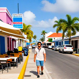 Caribbean Holidays, Solo Holidays, A safe and confident solo traveller exploring a colourful Caribbean street in Saint Martin, with clear signs, caf&eacute;s and tropical scenery