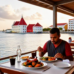 Caribbean Holidays, Solo Holidays, A solo diner enjoying fresh Caribbean seafood at an outdoor restaurant in Willemstad, Cura&ccedil;ao, at sunset