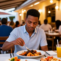 Caribbean Holidays, Solo Holidays, A solo traveller dining at an inviting outdoor restaurant in Marigot, Saint Martin, with local seafood, warm evening light and a lively but relaxed atmosphere