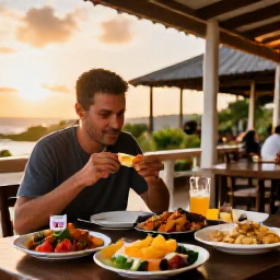 Caribbean Holidays, Solo Holidays, A solo traveller dining outdoors at a relaxed Dominican restaurant at sunset, with colourful local food and a welcoming Caribbean atmosphere
