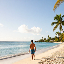 Caribbean Holidays, Solo Holidays, A solo traveller enjoying a bright February morning on a scenic Caribbean beach in Saint Martin, with calm turquoise water and palm trees
