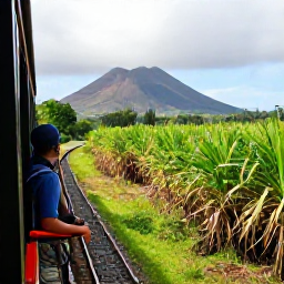 Caribbean Holidays, Solo Holidays, A solo traveller enjoying a scenic railway journey through lush sugar cane fields and volcanic hills on Saint Kitts