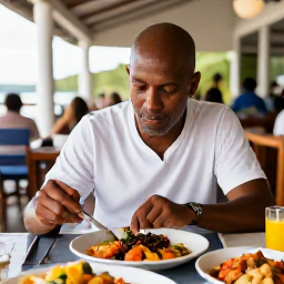 Caribbean Holidays, Solo Holidays, A solo traveller enjoying dinner at a friendly open-air Caribbean restaurant in Basseterre, with local dishes on the table