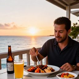 Caribbean Holidays, Solo Holidays, A solo traveller enjoying fresh Caribbean seafood at a relaxed outdoor restaurant in Providenciales at sunset