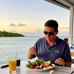 Caribbean Holidays, Solo Holidays, A solo traveller enjoying fresh seafood at a relaxed waterfront restaurant in Providenciales, Turks and Caicos, at sunset