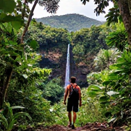Caribbean Holidays, Solo Holidays, A solo traveller hiking through lush green rainforest in the Dominican Republic, with mountain scenery and a waterfall nearby