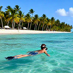 Caribbean Holidays, Solo Holidays, A solo traveller snorkelling in clear turquoise water beside a tropical beach in Bayahibe, Dominican Republic, with palm trees in the background