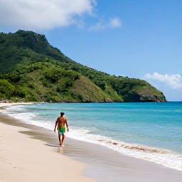 Caribbean Holidays, Solo Holidays, A solo traveller walking along a quiet Caribbean beach on Saint Vincent, with green hills and calm turquoise sea
