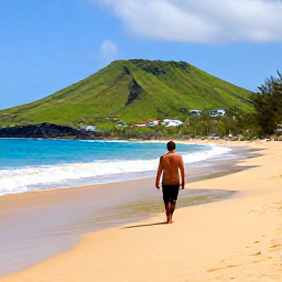 Caribbean Holidays, Solo Holidays, A solo traveller walking along a quiet golden beach on Saint Kitts with green volcanic hills in the background