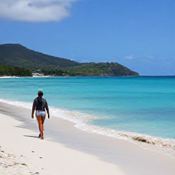 Caribbean Holidays, Solo Holidays, A sunny solo traveller walking along a quiet Caribbean beach on Saint Kitts, with turquoise water and green hills in the background