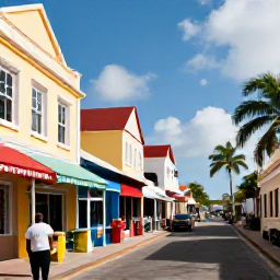 Caribbean Holidays, Solo Holidays Bahamas, Colourful Nassau street scene with a solo visitor exploring colonial buildings, local shops and palm trees