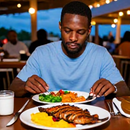 Caribbean Holidays, Solo Holidays Barbados, Solo traveller enjoying Bajan food at an outdoor restaurant in Barbados, with grilled fish, colourful salads and a relaxed evening atmosphere