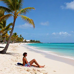 Caribbean Holidays, Solo Holidays Barbados, Solo traveller relaxing on a sunny Barbados beach with turquoise water, soft sand and palm trees