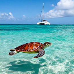 Caribbean Holidays, Solo Holidays Barbados, Solo traveller snorkelling with sea turtles in clear Caribbean water near Barbados, with a catamaran in the background