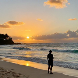 Caribbean Holidays, Solo Holidays Barbados, Solo traveller watching a golden sunset from a quiet Barbados beach, with gentle waves and a warm evening sky