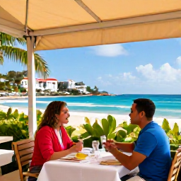 Caribbean Holidays, Solo Holidays, Colourful beachfront caf&eacute; in Grand Case, Saint Martin, with solo traveller dining outdoors and tropical scenery